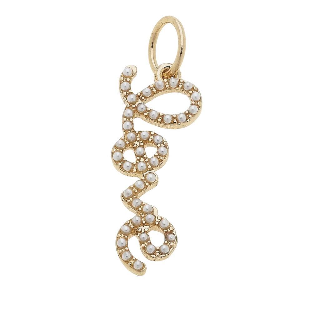 "Love" Pearl Studded Script Charm in Ivory